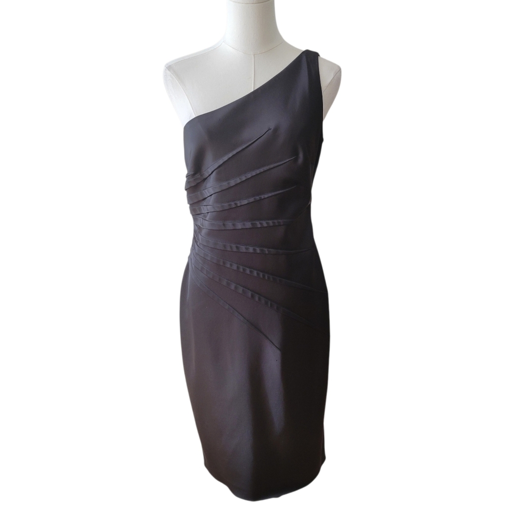 David Meister Black One Shoulder Satin Cocktail Dress Size 8